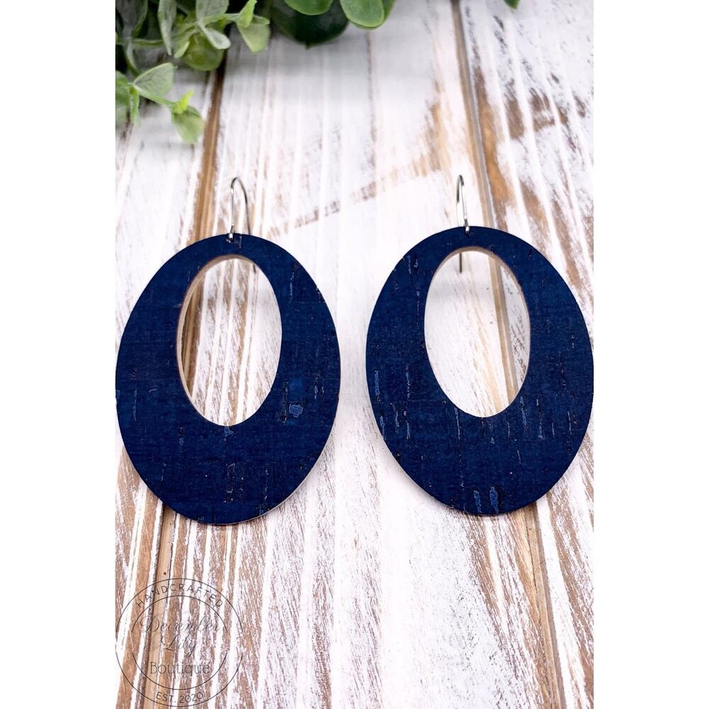 Navy Cork Big Beautiful Cork/ Leather Oval Earrings